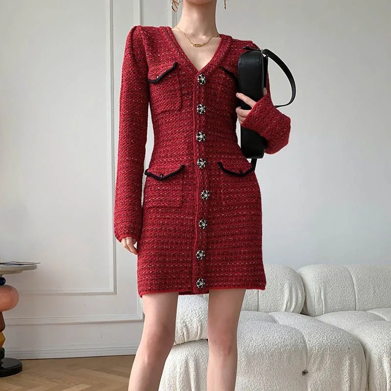 Early Autumn French Knitted V-neck Red Dress Women's Wear