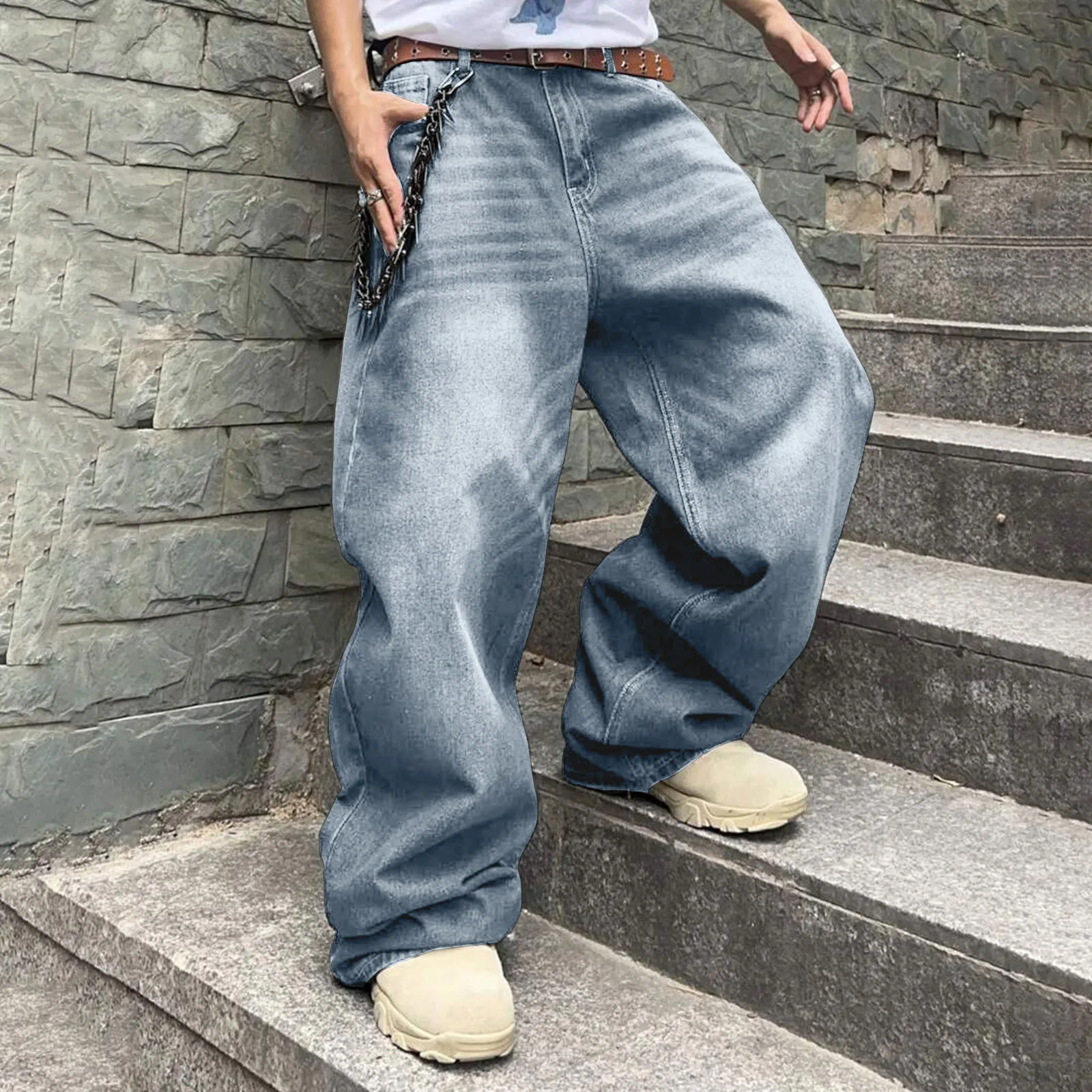 Jean Baggy Pour Garçon - Jambes Larges - Confortable - Denim - Vintage - Coupe Ample - Décontracté - Streetwear - Pantalon De Loisirs, Bleu Côtelé, 130