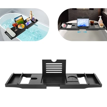 Mensola per vasca in bambù, mensola per vasca da bagno, vassoio per vasca, tavolo, ponte, cuscino, mensola, vassoio da bagno estensibile per bagno, nero 1