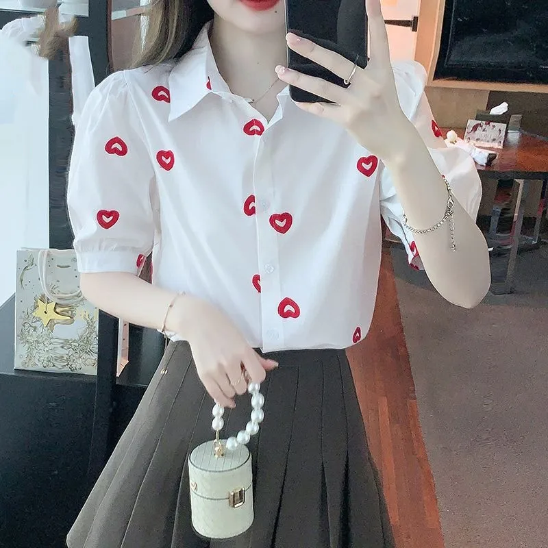 French Style Korean Commuter 2024 Summer New Blouses Women's Loose Patchwork Printed Button Polo Collar Short Sleeve Shirt Tops