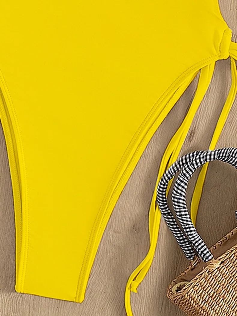 Sexy Deep V Neck One Piece Swimsuit Women Solid Yellow White Hollow Out Pleate Swimwear Beach Bandage Bathing Suit Monokini