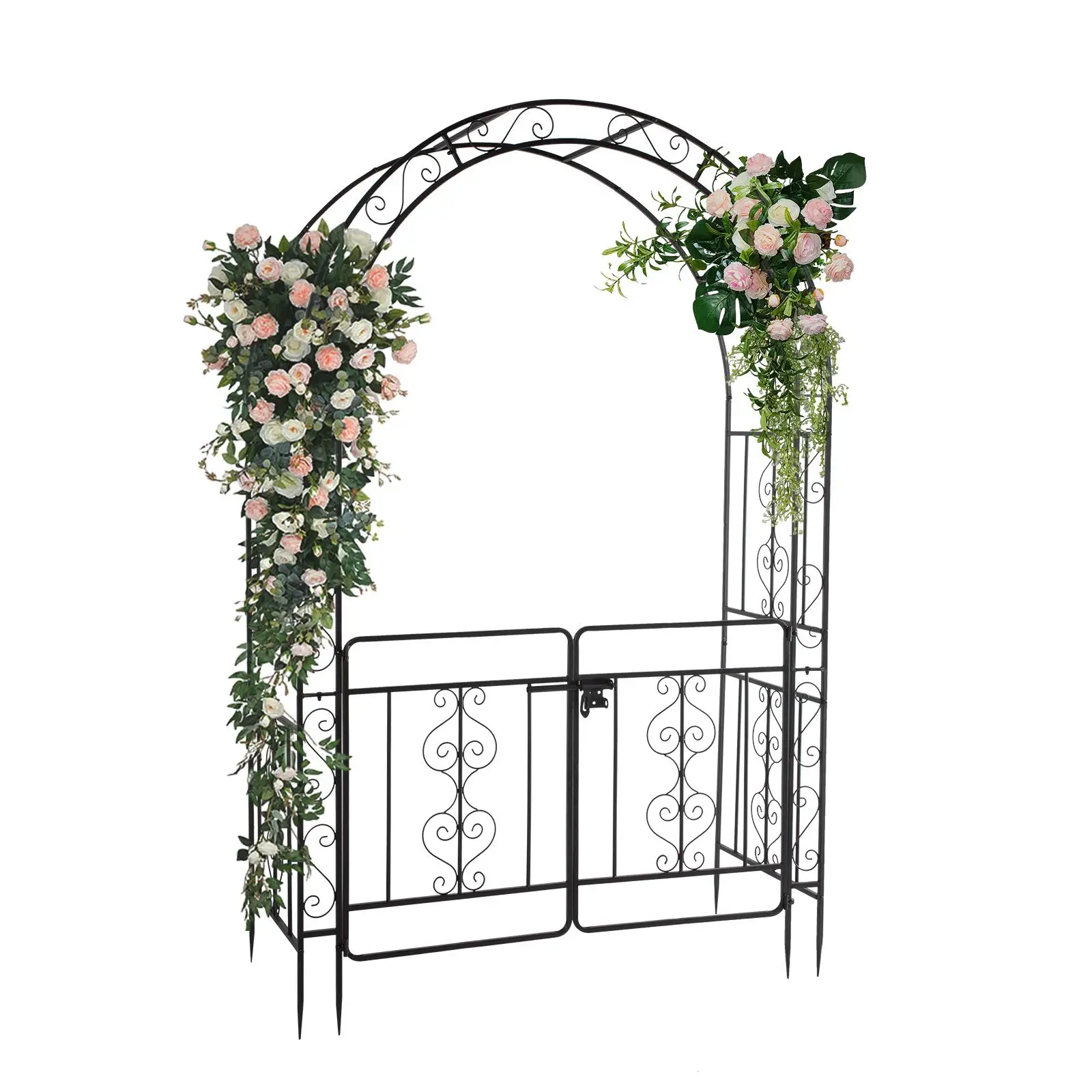 Arc Roof Double Layer Wrought Iron Arch with Door - 134.5x58.5x213cm Black Outdoor Courtyard Shelter 5