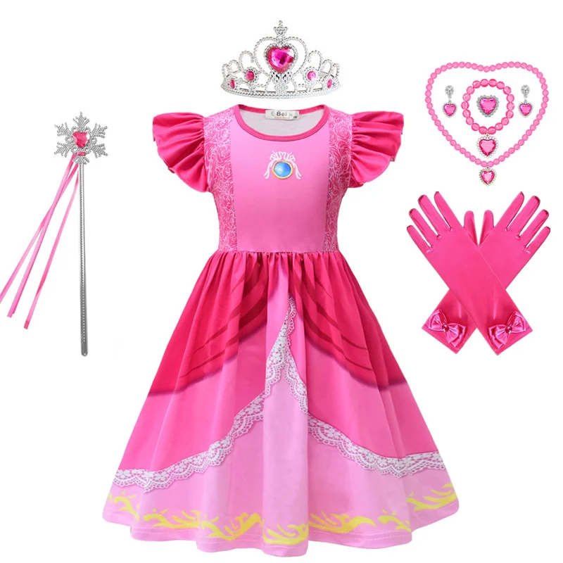 Cosplay Costume Kids Girls Dress Halloween Dress Outfit Anime Super Bros Costume for Kids Halloween Party Dresses Luigi-Lover Brothers Peach Princess Cosplay Clothes Girls Fancy Dress