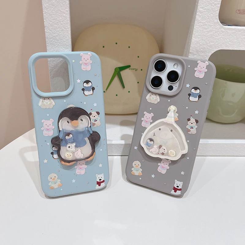 Cute 3D Penguin Rabbit Shake Doll Phone Case For iPhone 16 15 13 14 12 Pro Max 16 Plus Soft TPU Silicone Back Cover