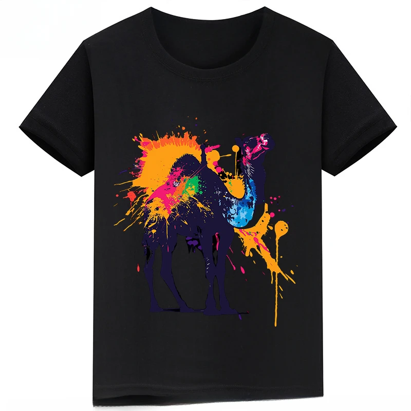 thumbnail image 1 of Ropa infantil con estampado de dibujos animados de camellos, camisetas negras de manga corta de verano para niños, camisetas de algodón personalizadas para niños y niñas, 1 of 5