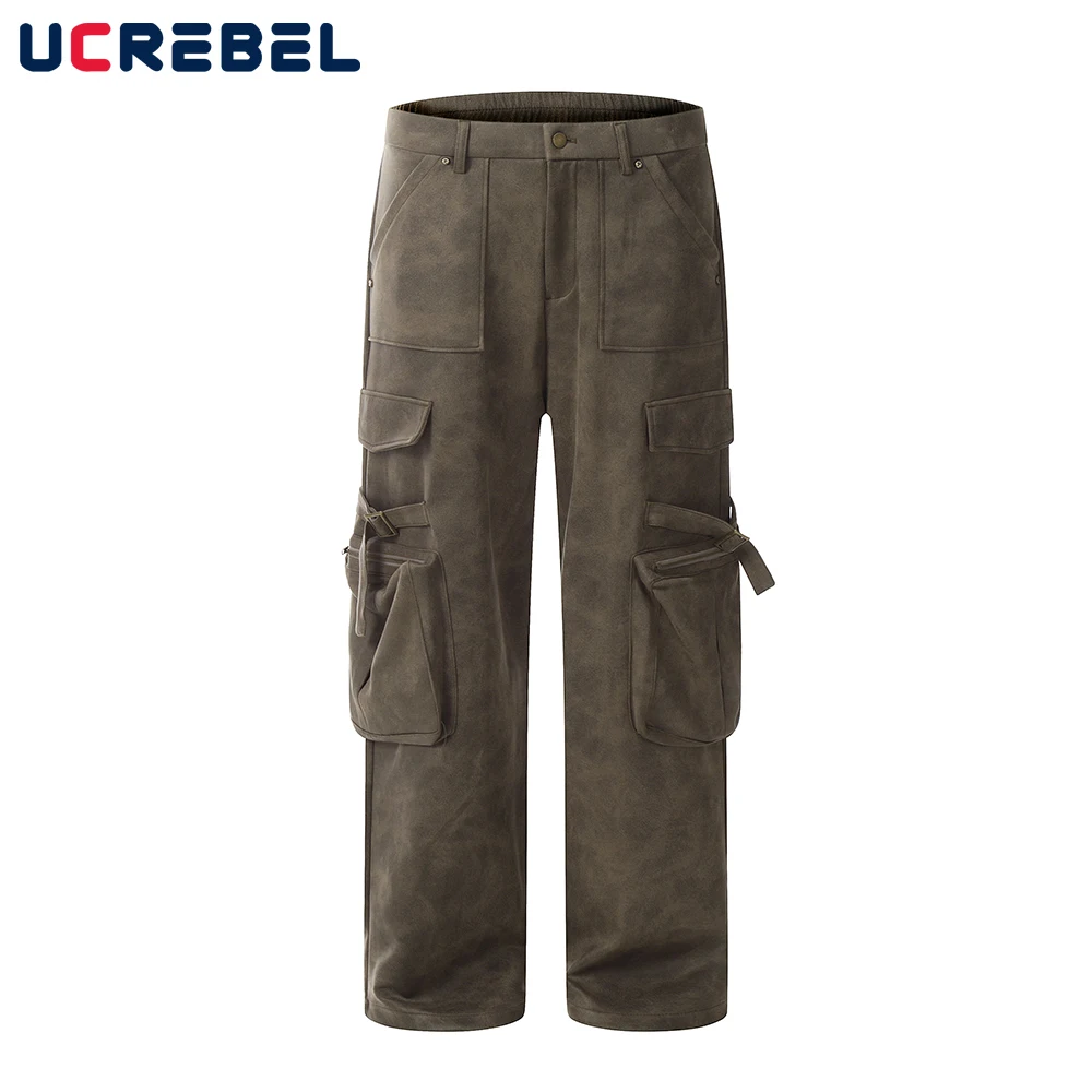 

Autumn Casual Suede Cargo Pants Mens Safari Style Loose Multi-Pocket Straight-leg Trousers Men