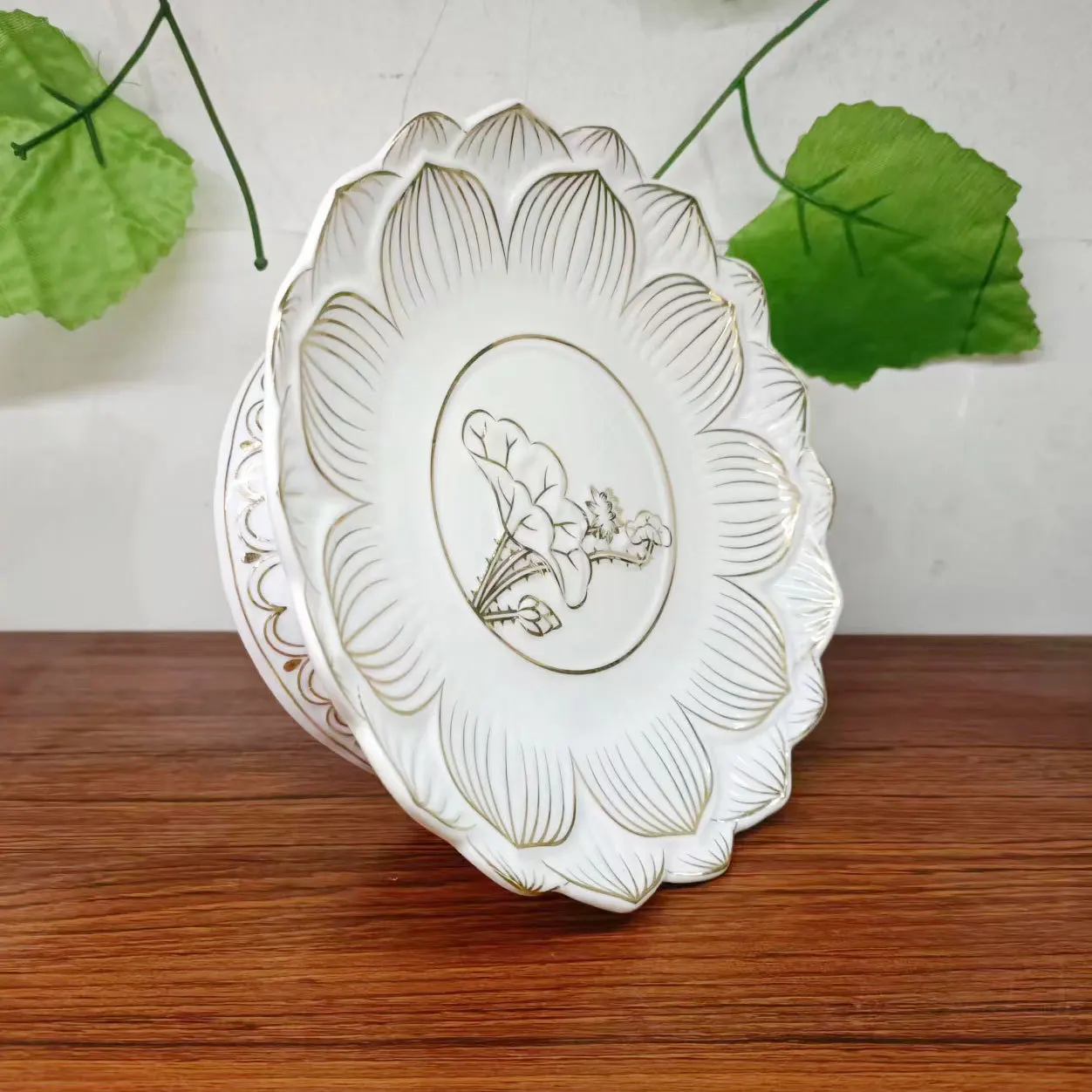 Embossed Pink White Fruit Plate Buddha Set Household Incense Burner Lotus Supply Plate Water Cup 6/7/8/9 Inch Buddhism Item 5