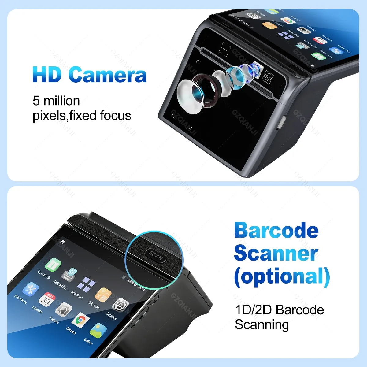 안드로이드 14 POS 단말기 데스크탑 태블릿/핸드헬드 8인치 디스플레이 터치스크린 POS 시스템 80x50mm 감열 프린터, 1D 2D 스캐너 NFC