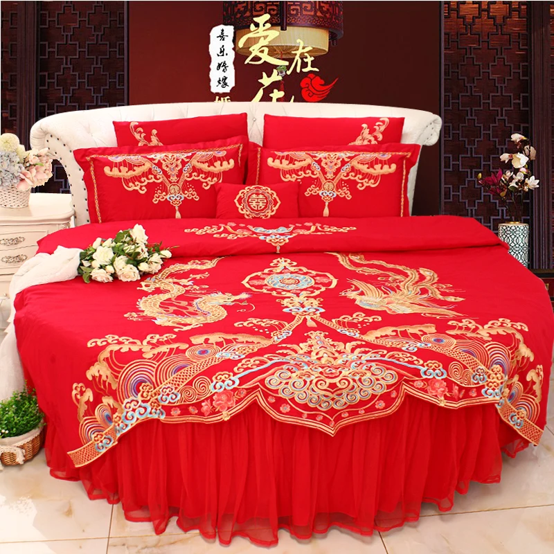 Luxury New Pure Cotton Wedding Bedding Four-piece Set of Dragon and Phoenix Embroidery - Red