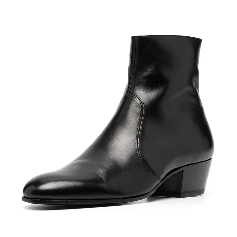 Genuine Leather Men Chelsea Boots Black Zipper Boots for Men Vintage Motorcycle Ankle