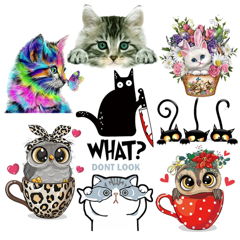 

Hippie Cat Applique Heat Transfer For Kid Clothes DIY Owl Rabbit Iron-On Transfers For Clothing Animal Thermo-Sticker On Clothes