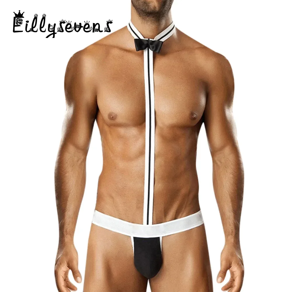 Novelty Sexy Men Mankini Thong Underwear Lingerie Sexy Hot Erotic Waiter Costume Bodysuit Lingerie Briefs G-String Sleepwear New