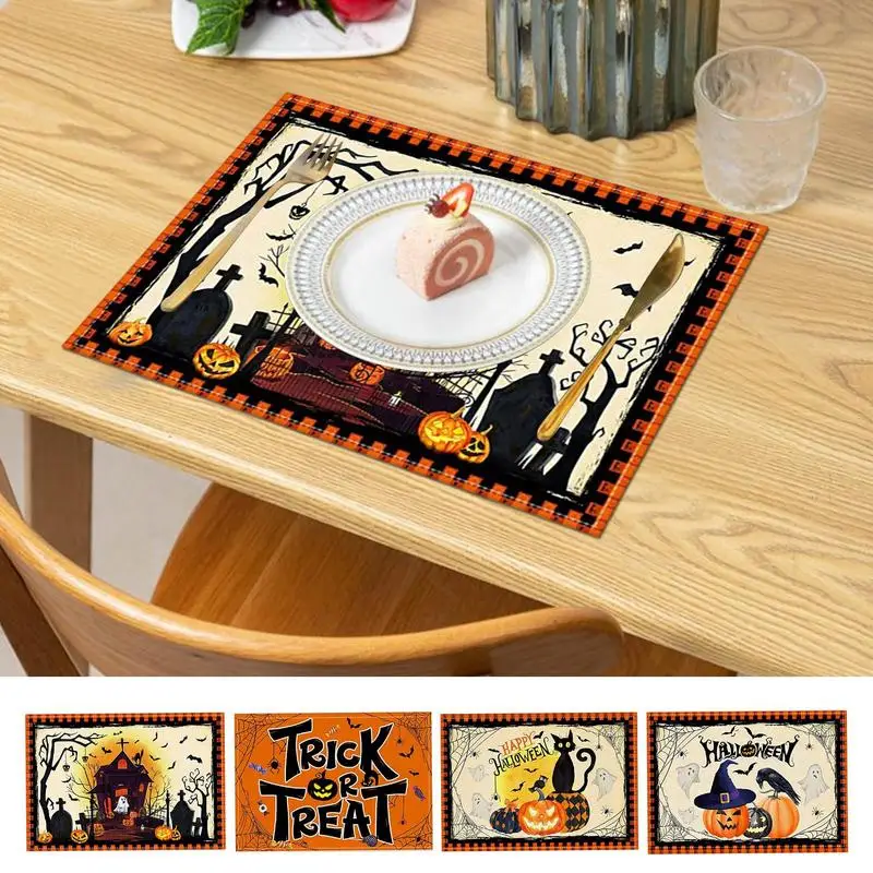 

Halloween Cute Pumpkin Placemat Bat GhostCoffee Cup Child Table Mats Kitchen Decor Linen Coaster Pad Bowl Mat Tablecloth 4Types