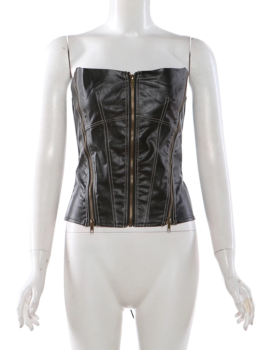 Women Leather Tank Top Zip Classic Sleeveless Streetwear