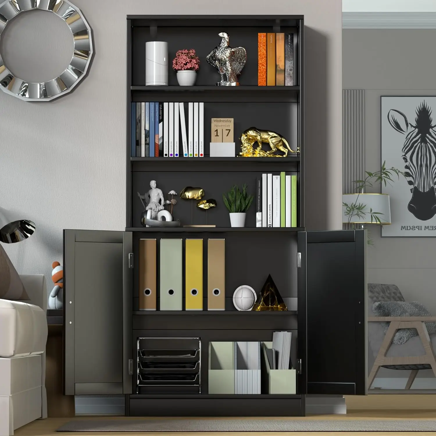 75" Tall Bookcase with Doors, 5 Tier Large Bookshelf with Cabinet, Standing Wood Display Book Shelf