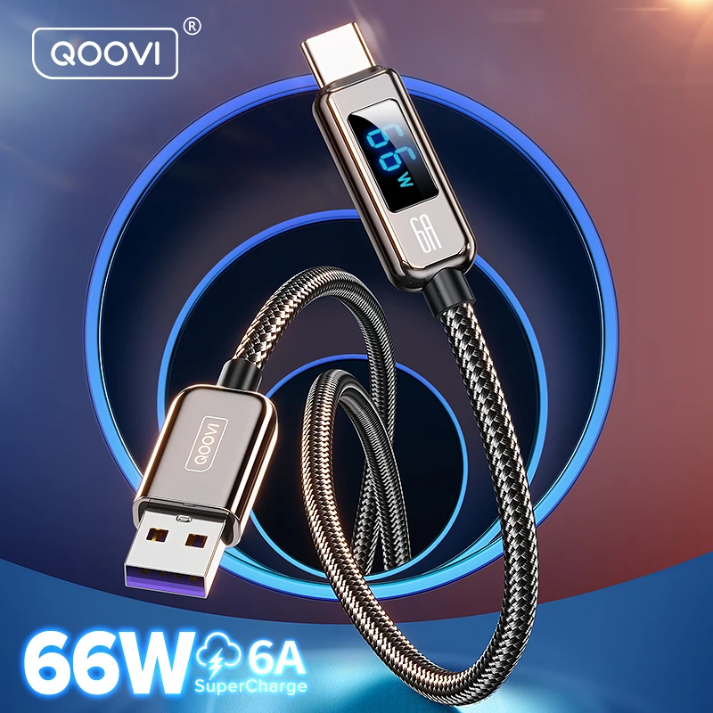 QOOVI 6A USB Type C Cable 66W Fast Charging Digital Display Cord Quick Charge Charger For Huawei P40 Xiaomi Samsung Oneplus iphone fast charger cable