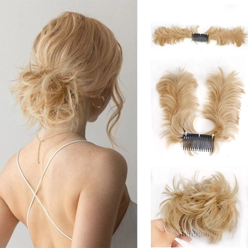 

Messy Bun Clip in Hair Pieces Short Chignon Bun Hair Extensions Synthetic Scrunchie Ponytail Hairpieces for Women Black Blonde