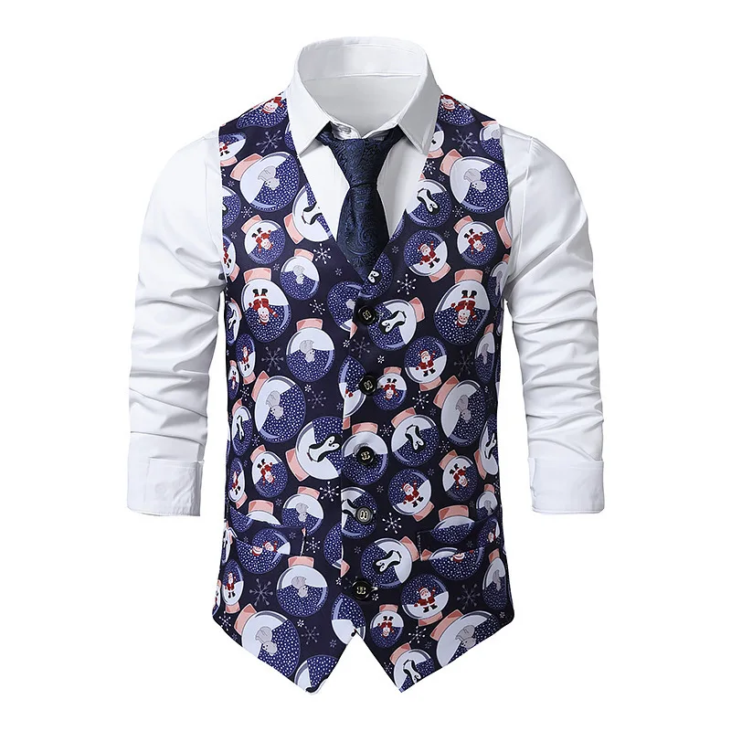 New Men's Christmas Printed Suit Vest Wedding Banquet Party Dress VCollar Fashion Blazer Waistcoat Vest