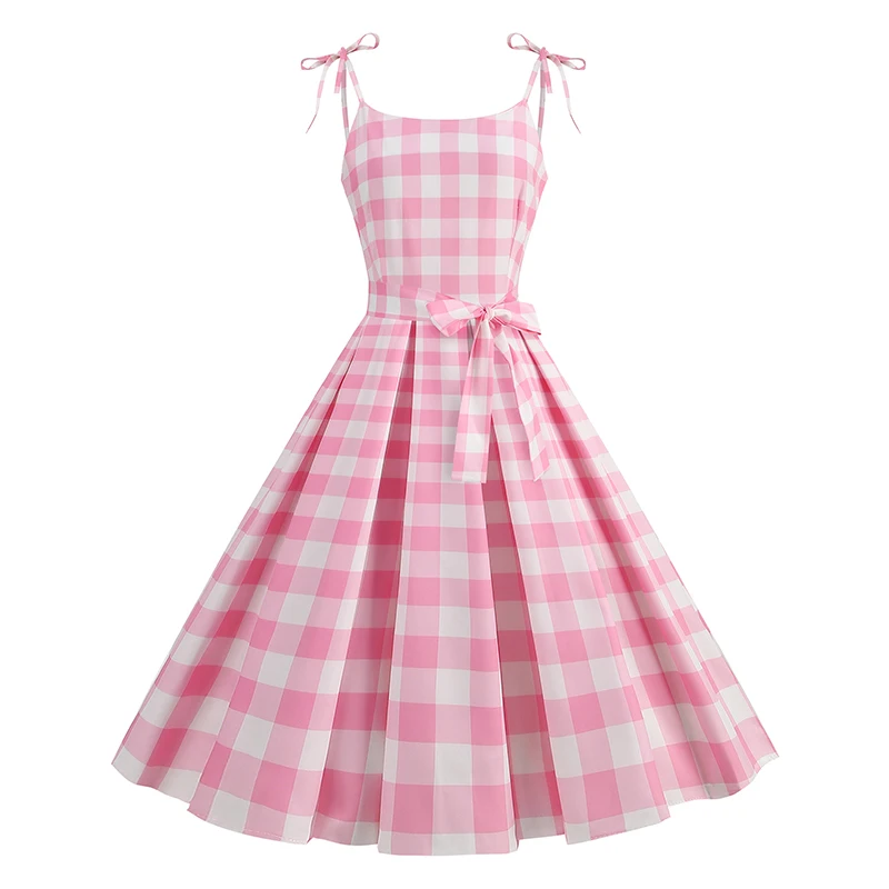 

Summer 2024 Women Sexy Spaghetti Strap Pink Plaid Printed A Line Casual Party Rockabilly pin up skater swing dress for ladies