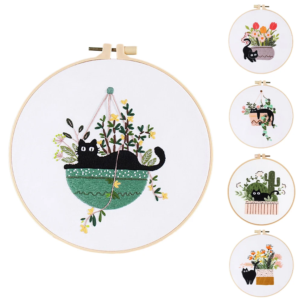 DIY Cat Embroidery Starter Kit With Embroidery Hoops Threads Needles Cross Stitch Kits For Beginners Arts Craft Lover