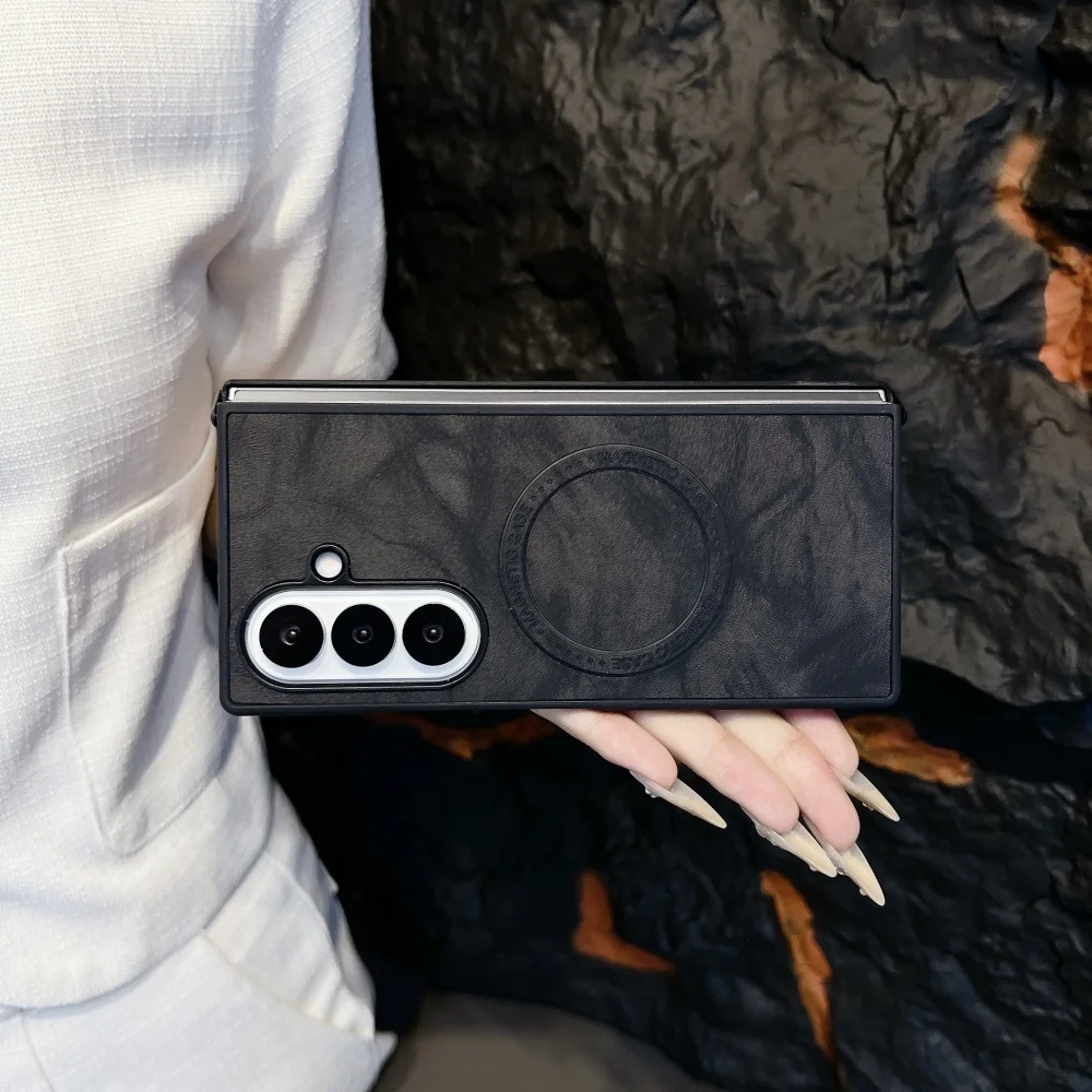 Magnetic Wireless Charging Leather Patterned Phone Case with Silicone Soft Bumper Cover