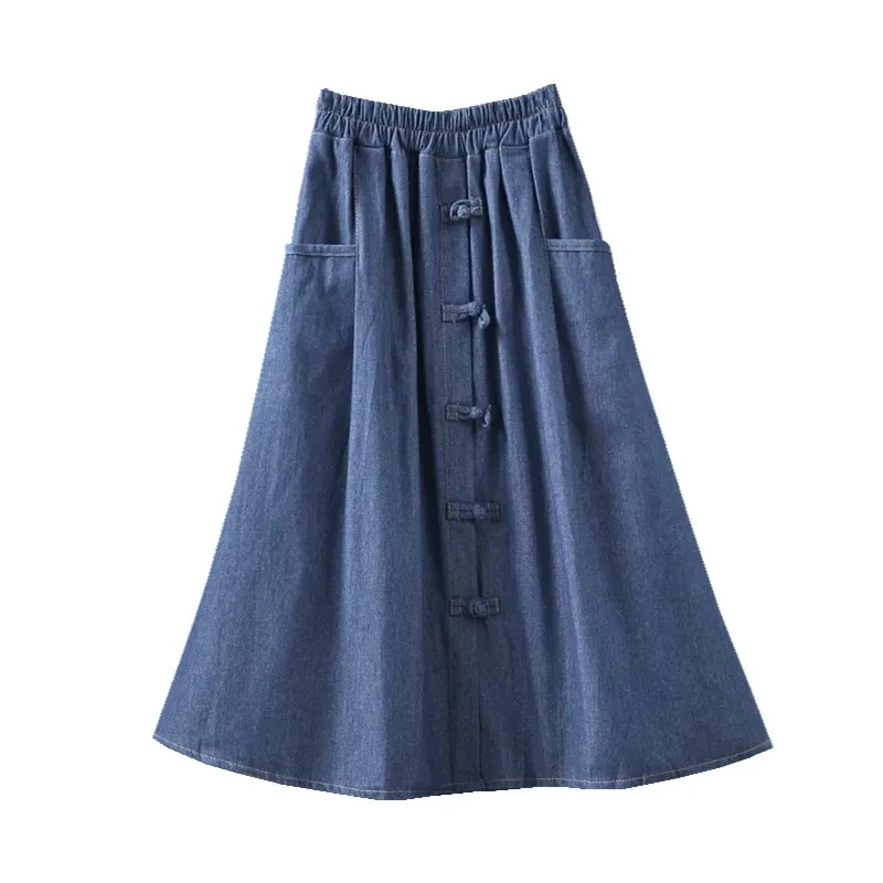 

Женская джинсовая юбка с высокой талией, повседневная трапециевидная юбка с эластичным карманом и пряжкой в стиле ретро, весна-лето 2024