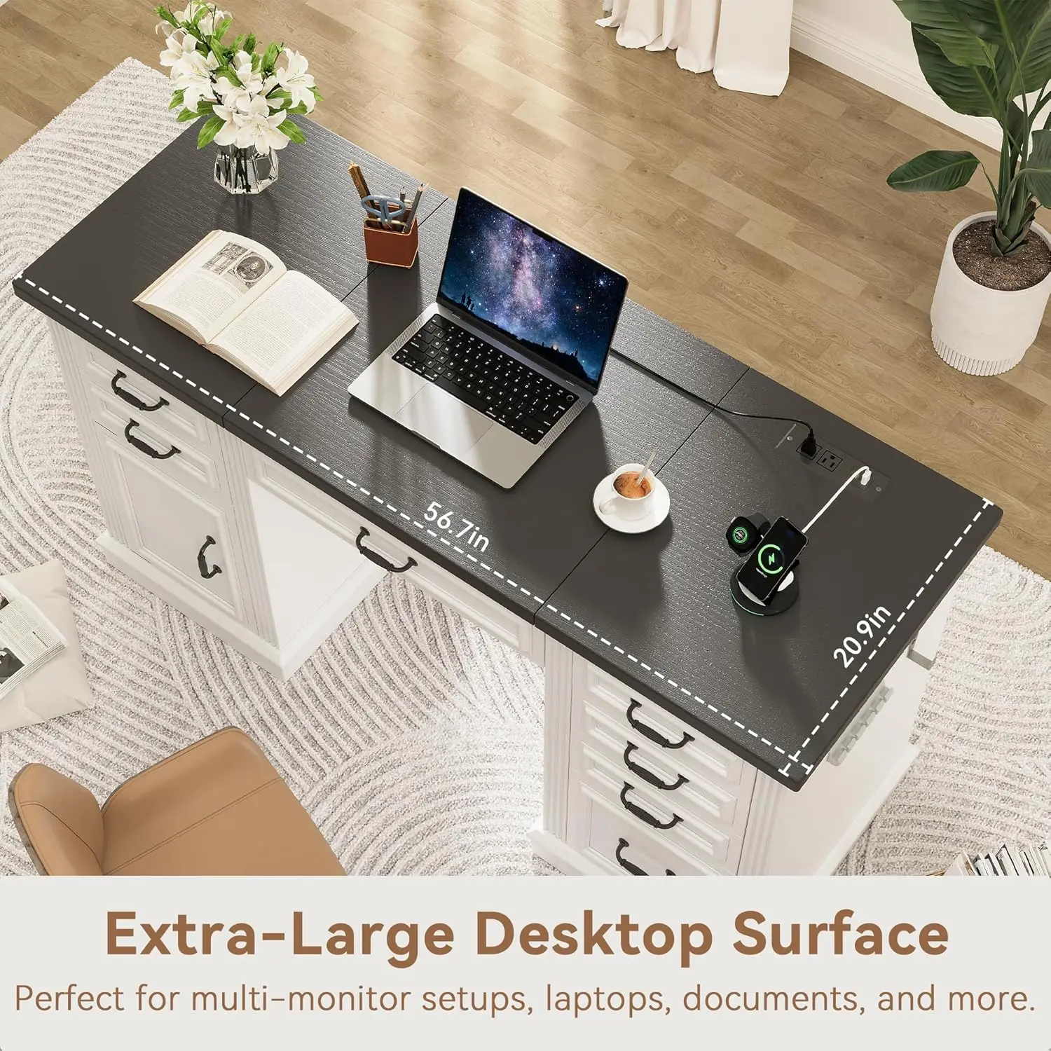 57" Lift Desktop Executive Desk with 6 Drawers and Charging Station, Wood Home Office Computer Desk with File Cabinet Storage