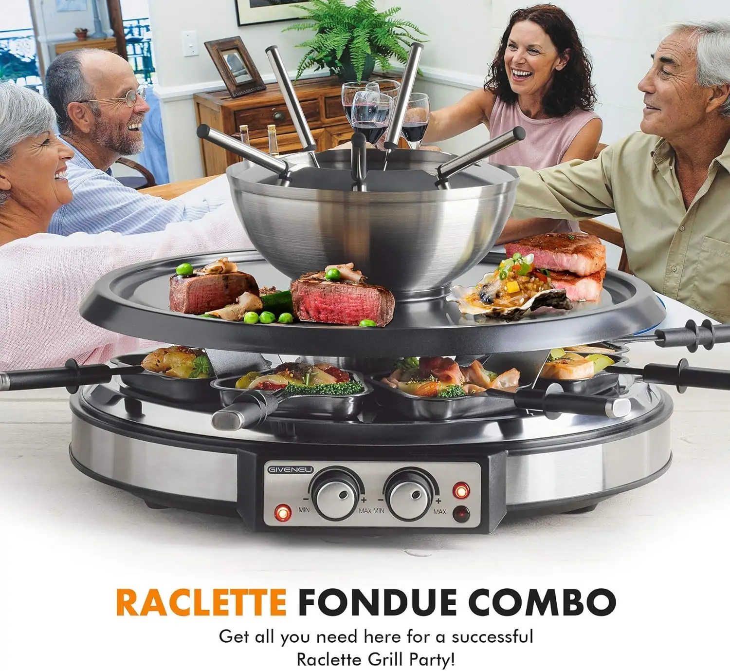 600ml Fondue Pot with 8 Forks and Electric Raclette, Dual Adjustable Thermostats, Perfect Fondue Grill Combo for Family Fun