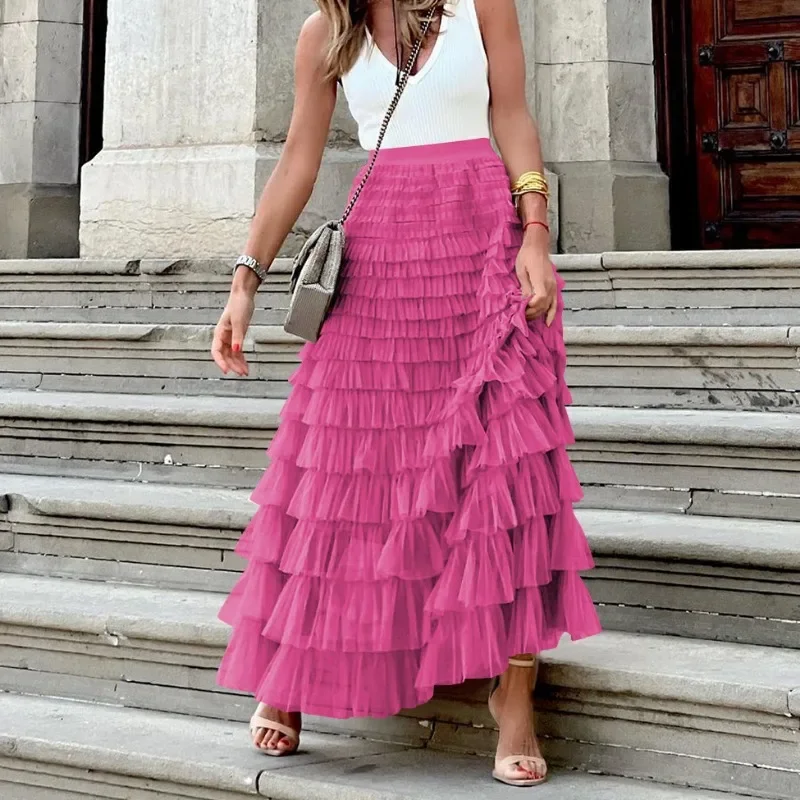 New Women's Solid Colors Mesh Ball Gown Elegant Ankle-Length Skirts High Waist A-line Skirt Fluffy Mesh Cake Dresses GZML0011