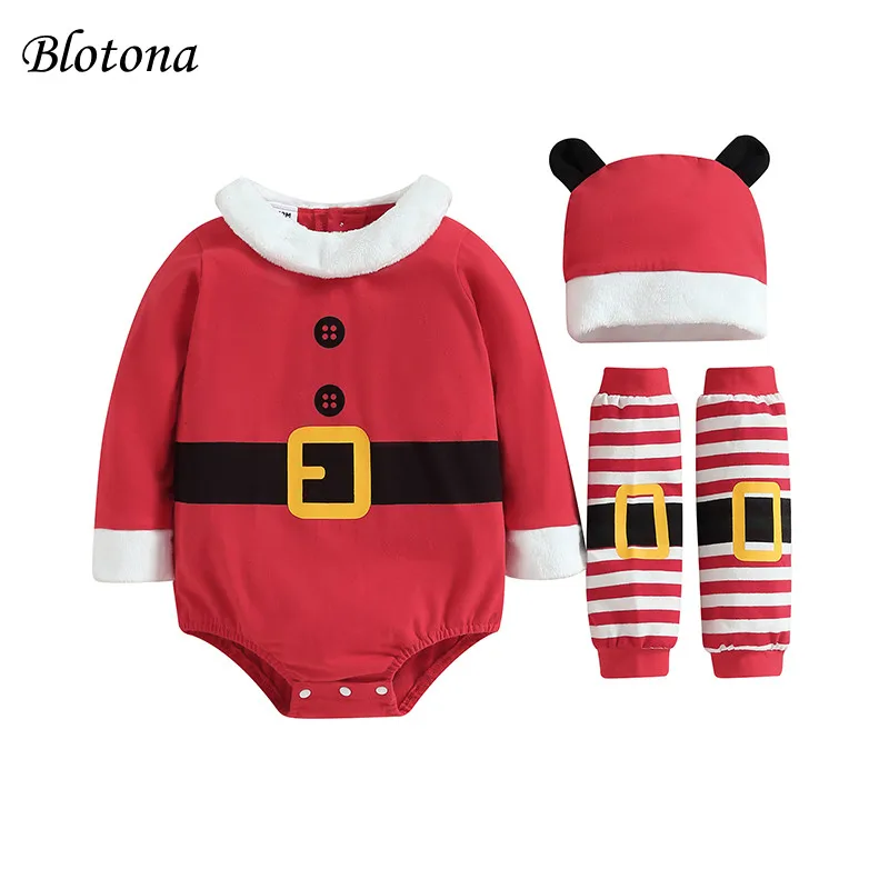 

Blotona Baby Christmas Cosplay Elf Costume Infant Holiday Character Santa's Helper Elf Costume Romper Hat Leg Warmers Sets