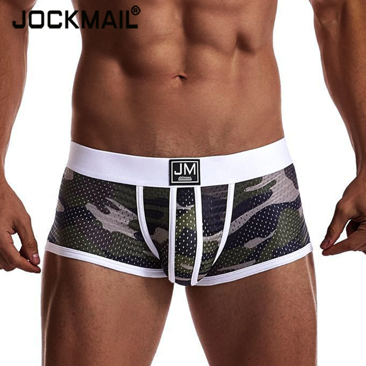 

JOCKMAIL Fashion Camouflage Print Men Boxer Sexy Low Waist Mesh Underwear Large Size Men's Underpants Cueca Fitness Mesh Shorts