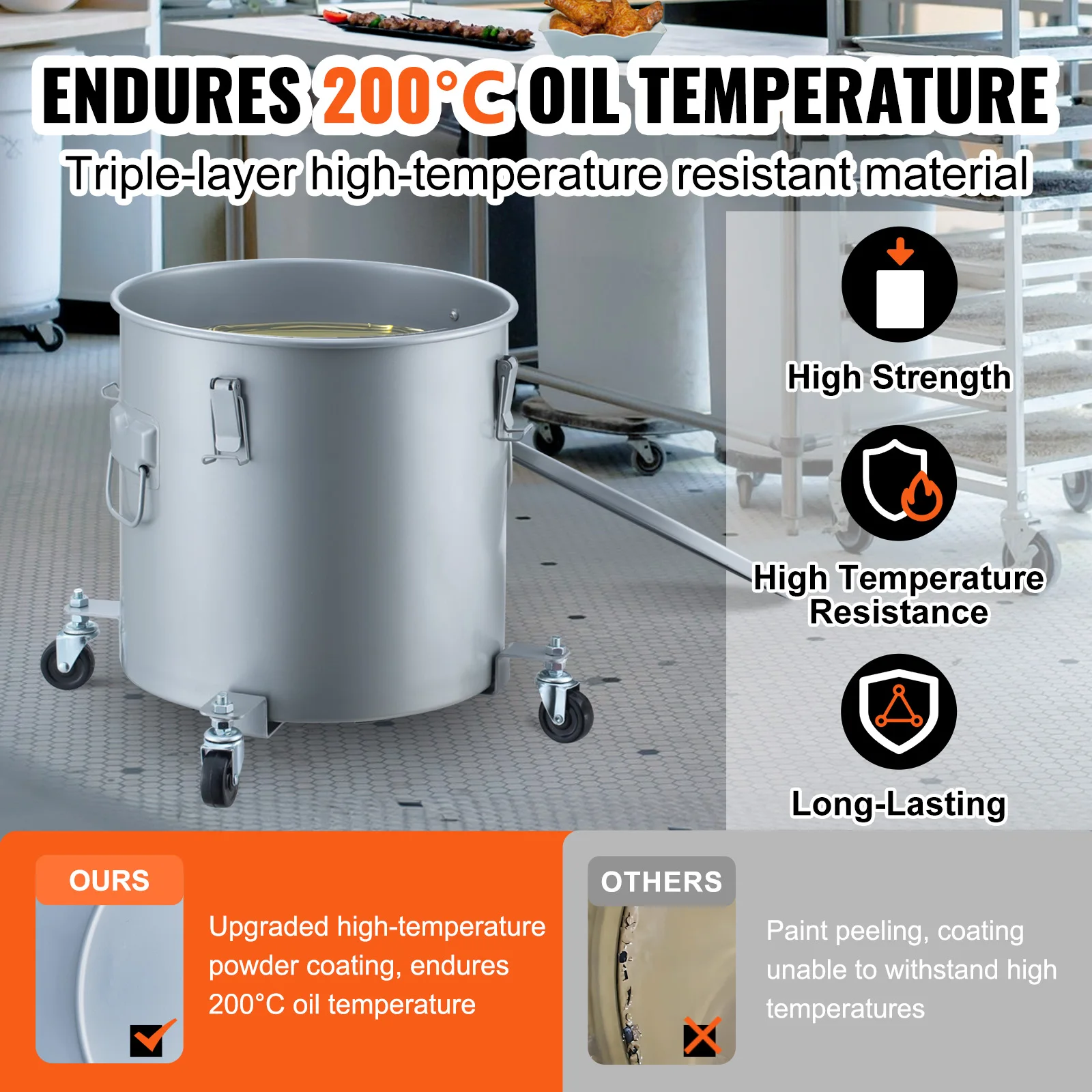 VEVOR 8/10/16 Gallon Fryer Grease Bucket Oil Disposal Caddy with Caster Base Rust-Proof Coating Oil Transport Container w/Lid