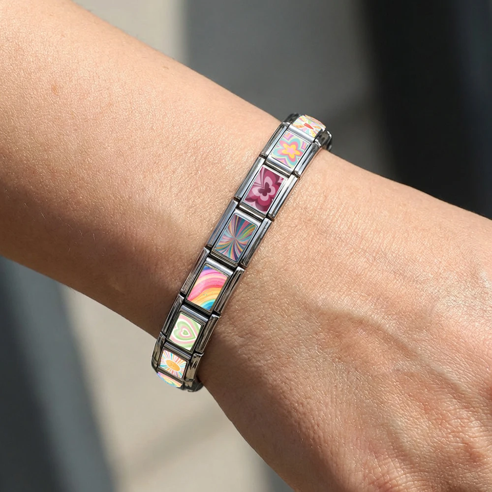 GEMOSA 1 Stück Regenbogenfarbenes Muster Italienischer Charm-Anhänger Passend für 9mm Edelstahl Original-Design Armband Schmuckherstellung DIY – Detail 5