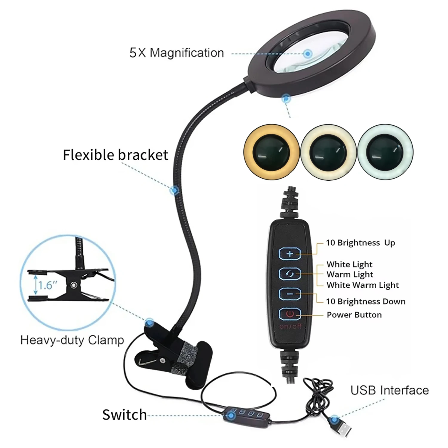 10X Clip On LED Desk Lamp Magnifying Glass with Lamp Nail Salon Embroidery Portable Eye Protection Black/White /Silver