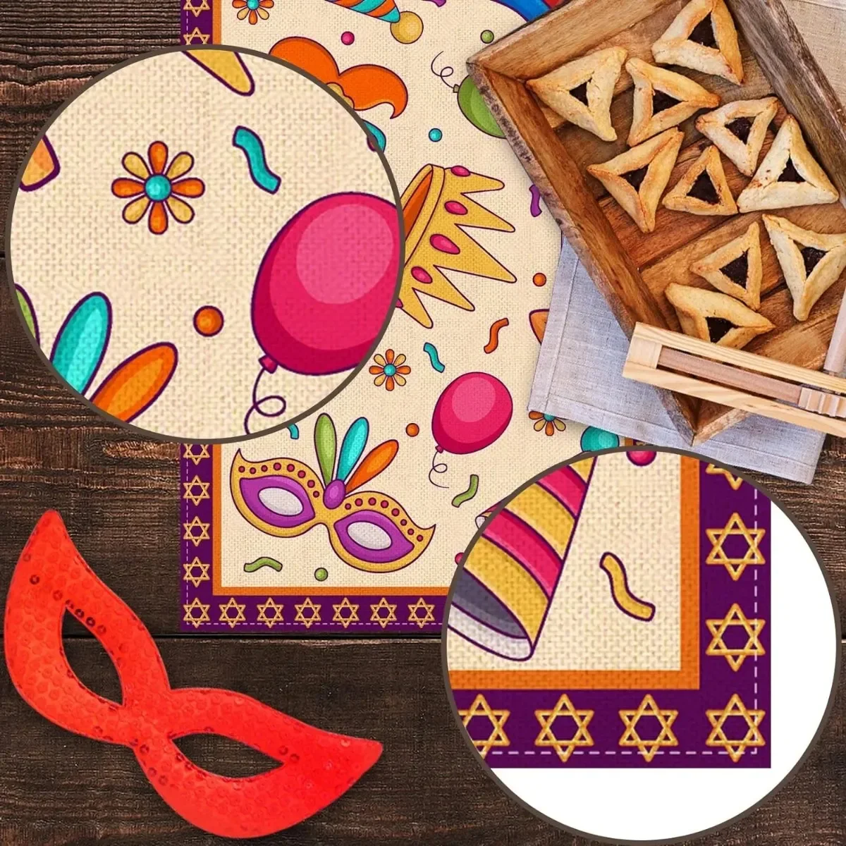 Happy Purim Linen Table Runner Jewish Holiday Carnival Party Decor Masque Crown Kitchen Dining Room Outdoor Picnic Home Decor