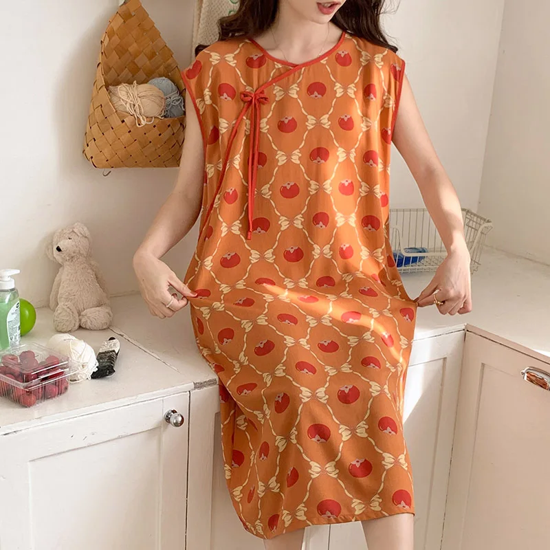 New Chinese Style Colorful Printed Dress Women's Round Neck Sleeveless Nightgown Summer Thin Cotton Home Wear Clothing for Lady
