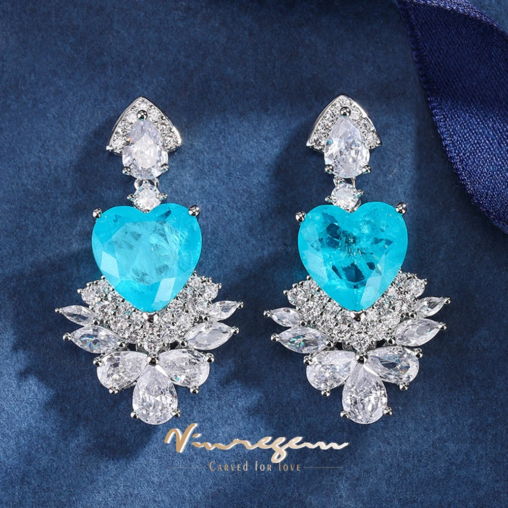 

Vinregem 12MM Heart Lab Created Emerald Paraiba Tourmaline Gemstone Sona Diamond Dangle Earrings Vintage Jewelry For Women Gifts