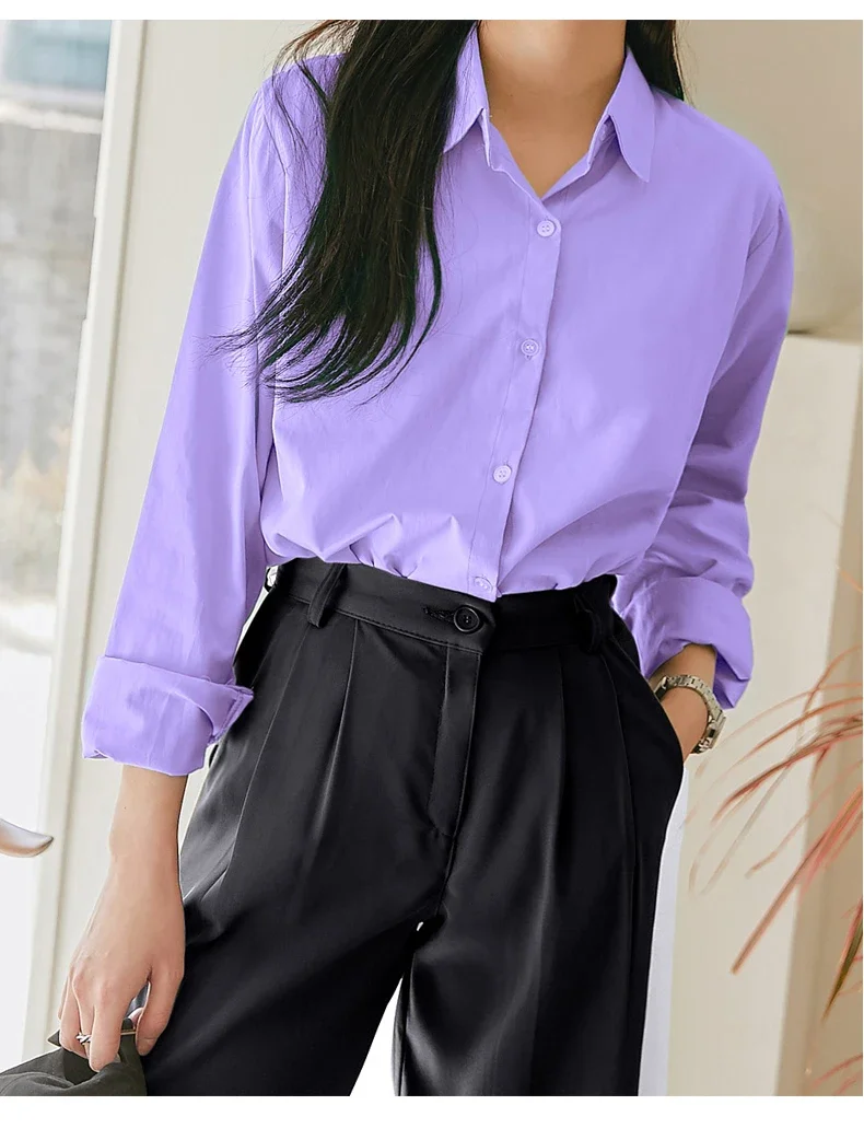 Neue Mode Frühling Herbst Einfache Und Casual Lose Vielseitig Reine Farbe Revers Hemd Frauen 100% Baumwolle Langarm Unterlage – Detail 12