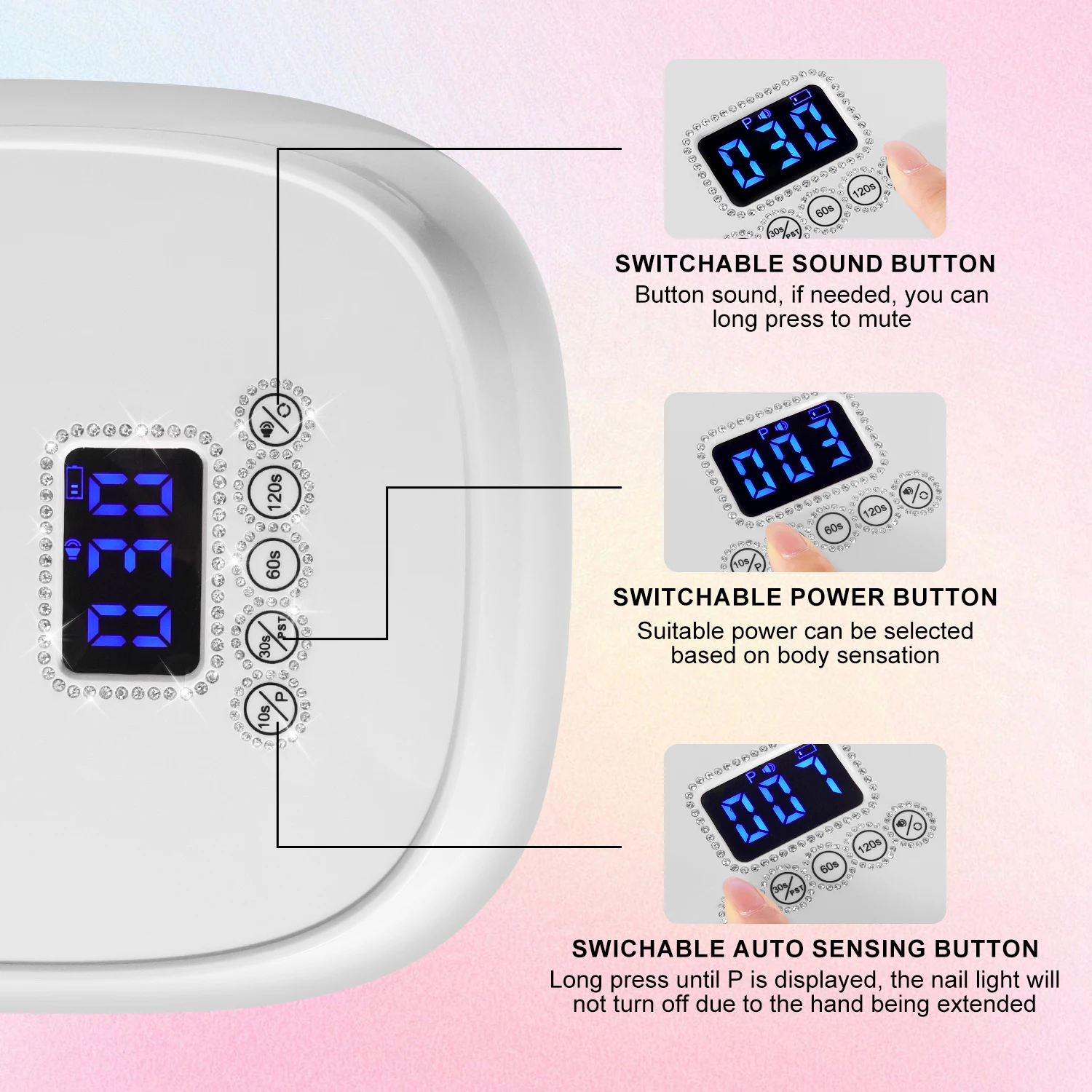 전문가용 UV LED 네일 램프 충전식 네일 드라이어 네일 젤 폴리쉬 경화 램프 4단계 타이머 및 자동 센서 내장 네일 살롱 도구
