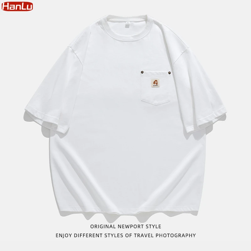 

280g High Qualtity T-shirt for Men Short Sleeve Heavy Cotton Solid Color Button pocket Trend Men's Tees Simple Basic Loose Tops