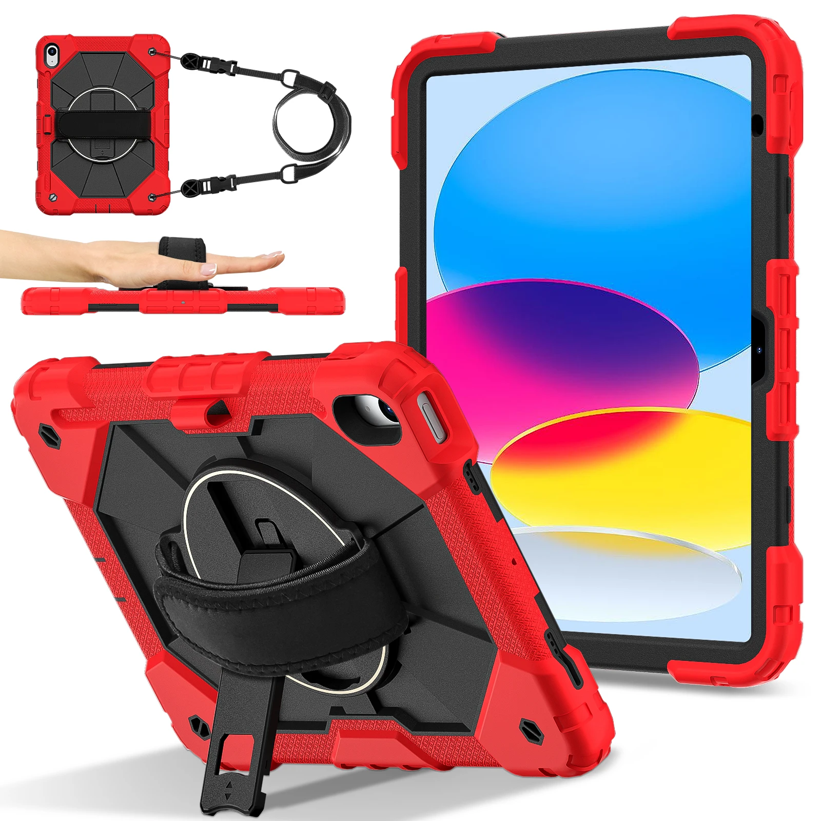 360 Rotatable Universal Protective Case for Tablets with Hand and Shoulder Strap - 3-Layer Hybrid Cover, 11-Inch