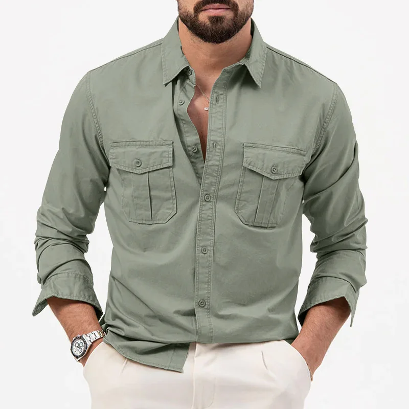 2024 summer Europe and the United States vintage cargo men's advanced multi-pocket solid color leisure sports long-sleeved shirt
