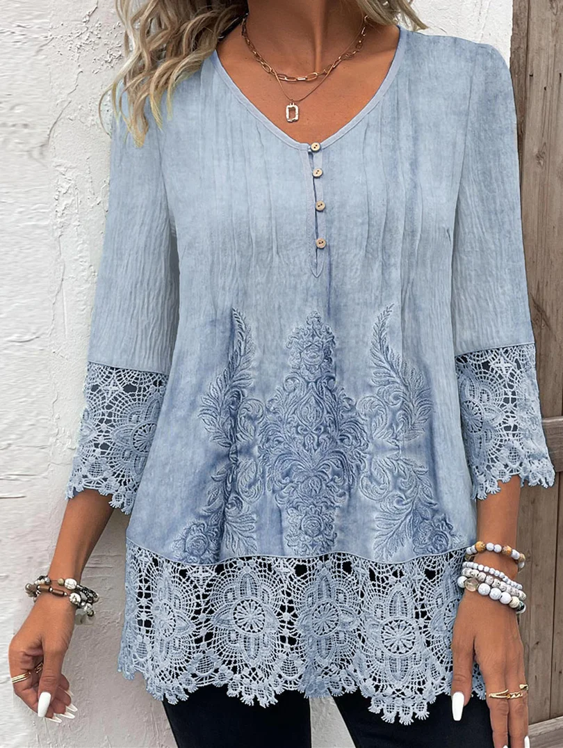 

Plus Size Women's 3/4 Sleeve V Neck Floral Print Pattern Elegant Lace Button Top