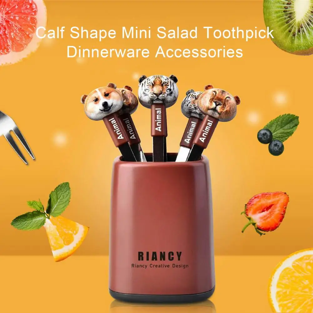 1 Set Stainless Steel Fruit Fork With Storage Box Cartoon Shape Animal World Theme Kids Dessert Kids Toothpick For Dining Room
