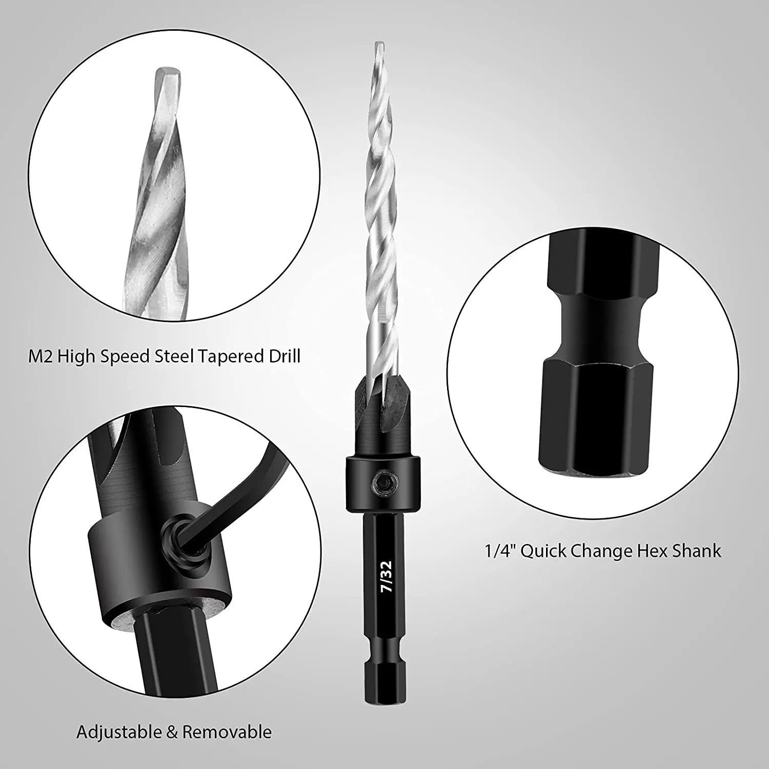 Wood Countersink Drill Bit Set 7/64 9/64 11/64 3/16 7/32 SAE Tapered Drill with 1/4\