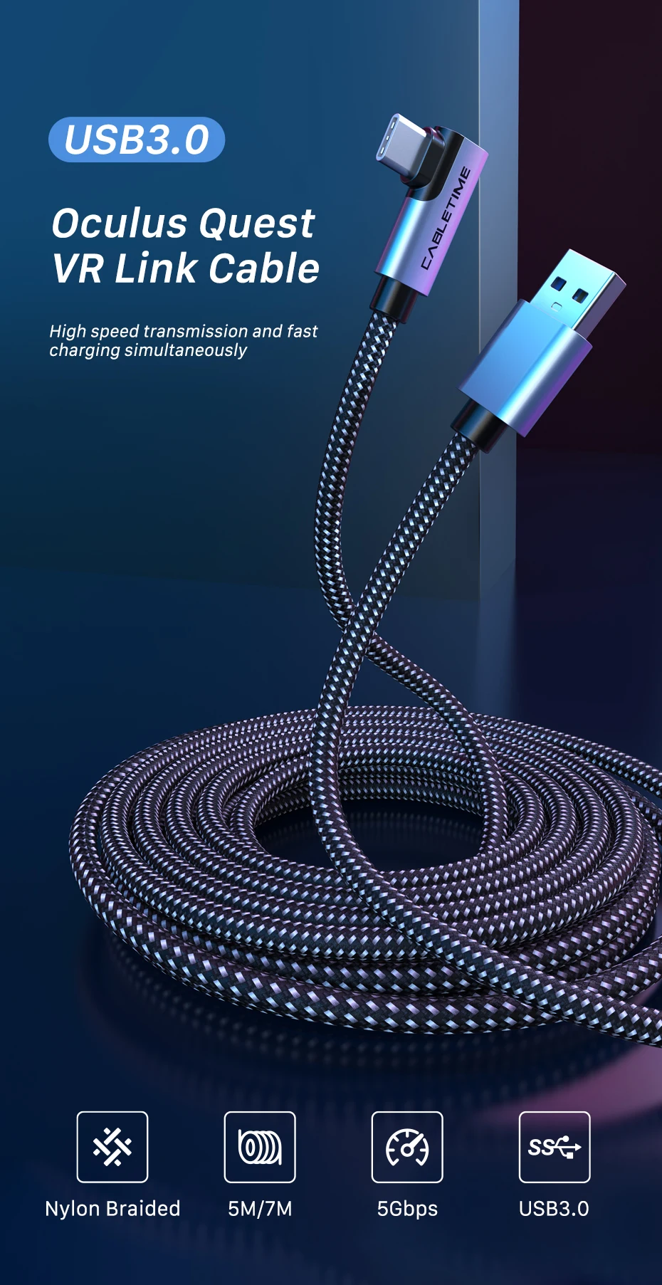 CABLETIME USB 3.0 VR Datenkabel 5Gbps Hochgeschwindigkeits-PC-Datenübertragung 3M/5M/7M für Oculus/Quest 3/Meta Quest 3S – Detail 1