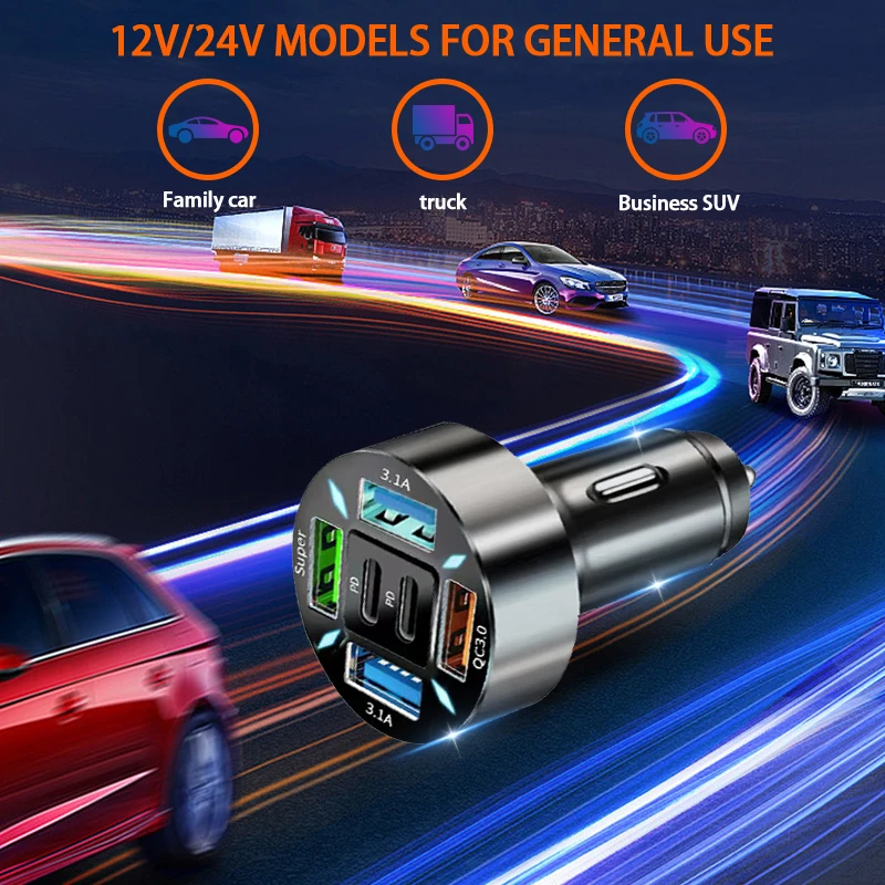 6 Ports Car Charger Fast Charging PD QC3.0 USB C Car Phone Charger Adapter With Voltage For iPhone Samsung Huawei Xiaomi
