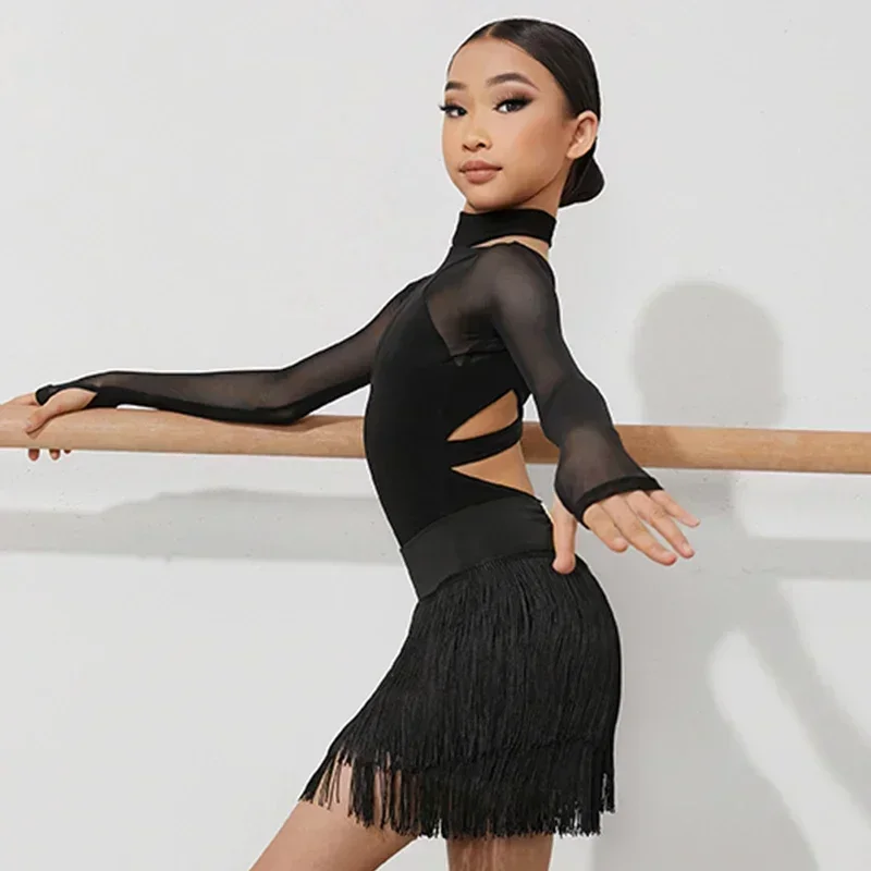 Black Latin Dance Clothing Jumpsuit Girls Long Sleeves Leotard Latin Tops Ballroom Dance Performance Wear Cha Cha Bodysuit Child dance bodysuit