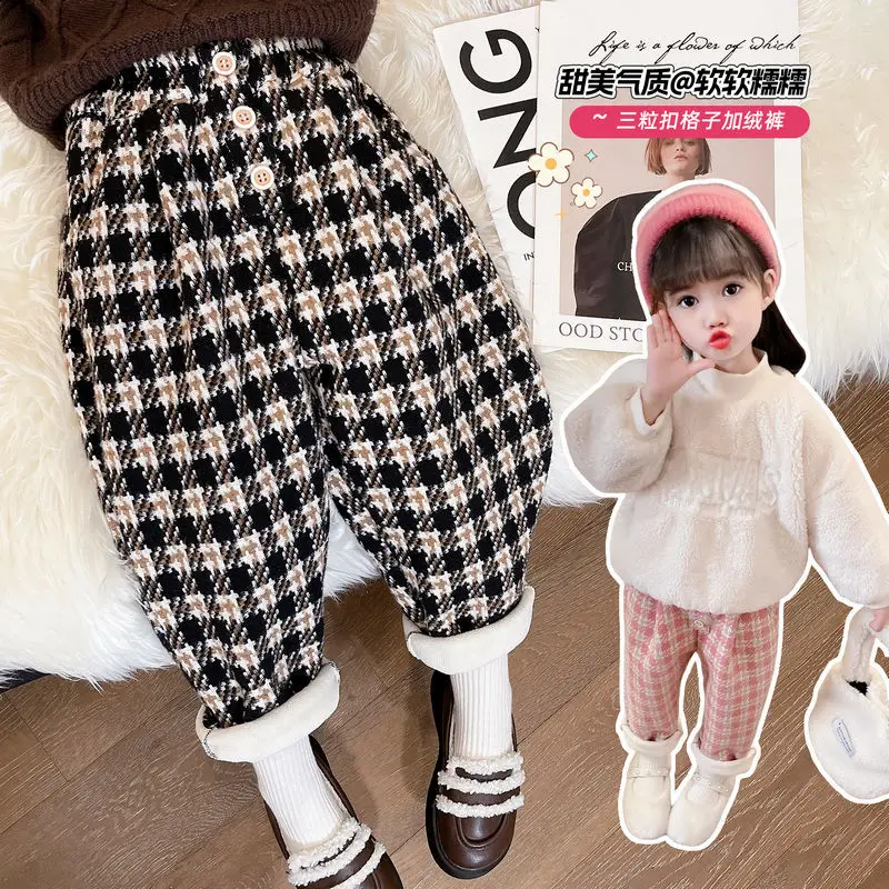 Baby Girls Fashion Plaid Casual Pants Korean High Waist Cute Kids Children's Winter Thick Warm Clothing Pant Trousers