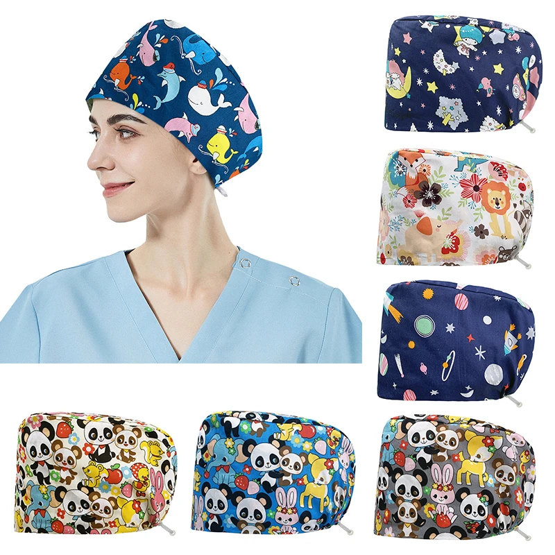 

Шапка Baotou с мультяшным принтом для стоматологической клиники, дышащая и регулируемая шапка для медсестры, шапка для медсестры, шапка для врача, аптеки, медсестры